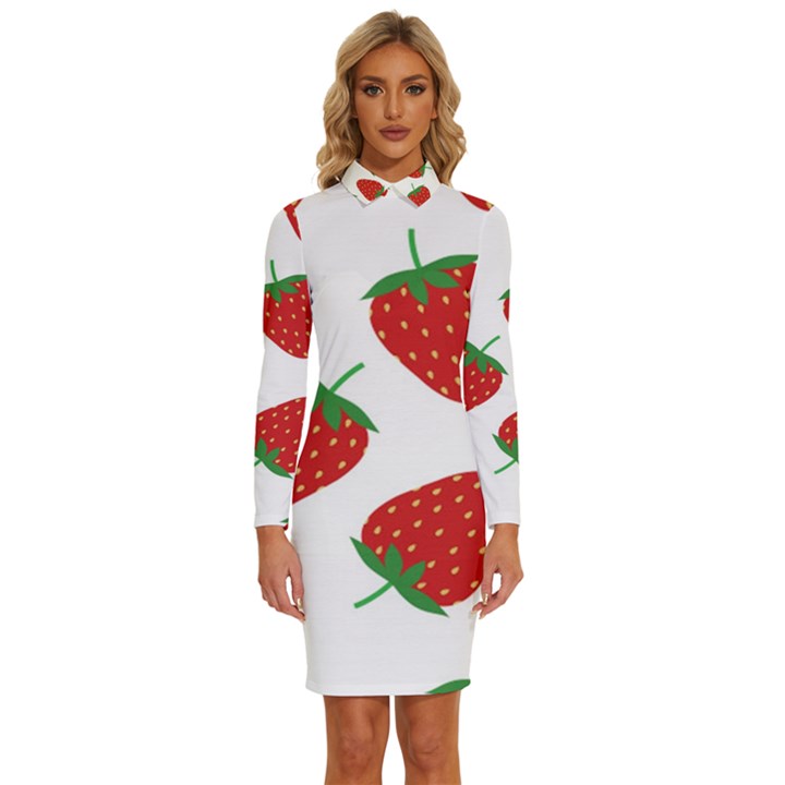 Seamless Pattern Fresh Strawberry Long Sleeve Shirt Collar Bodycon Dress