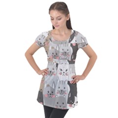 Cute Cats Seamless Pattern Puff Sleeve Tunic Top by Bangk1t