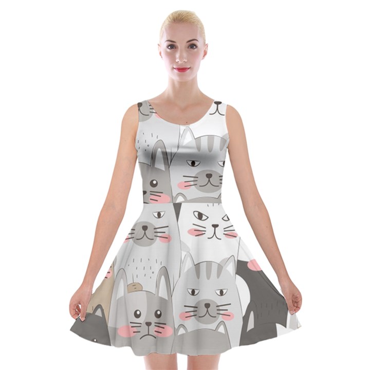 Cute Cats Seamless Pattern Velvet Skater Dress