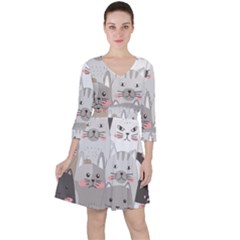 Cute Cats Seamless Pattern Quarter Sleeve Ruffle Waist Dress by Bangk1t