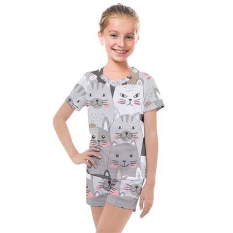 Cute Cats Seamless Pattern Kids  Mesh Tee And Shorts Set by Bangk1t