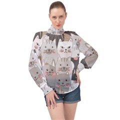 Cute Cats Seamless Pattern High Neck Long Sleeve Chiffon Top by Bangk1t