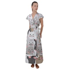 Cute Cats Seamless Pattern Flutter Sleeve Maxi Dress by Bangk1t