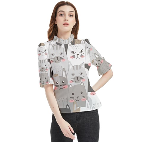 Cute Cats Seamless Pattern Frill Neck Blouse by Bangk1t