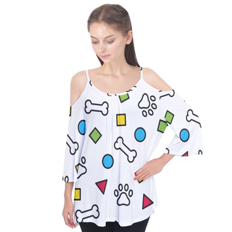 Dog Paw Seamless Pattern Footprint Bone Flutter Sleeve Tee  by Bangk1t