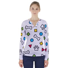 Dog Paw Seamless Pattern Footprint Bone V-neck Long Sleeve Top by Bangk1t