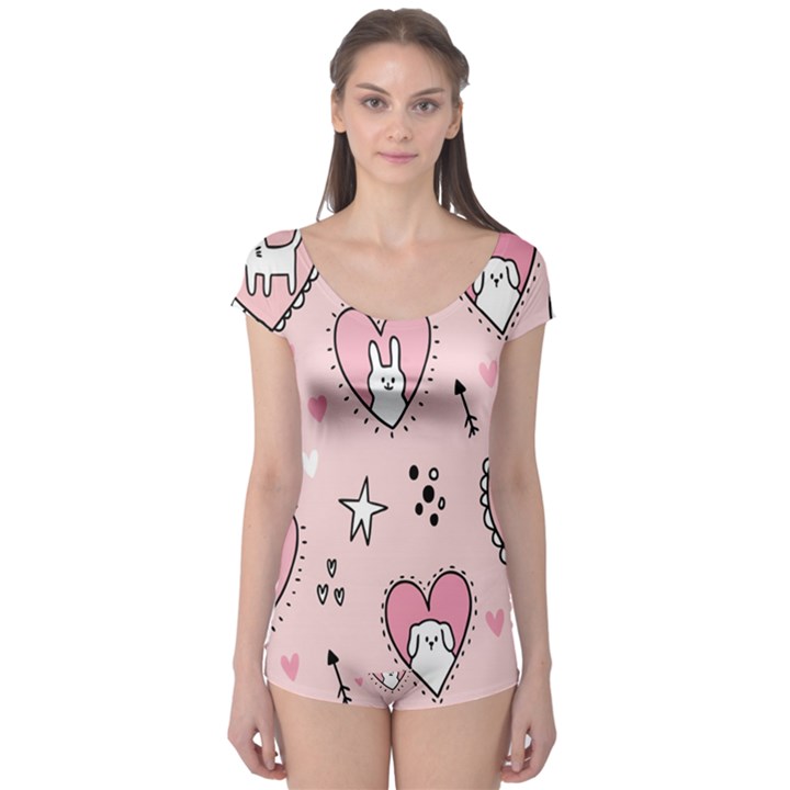 Cartoon Cute Valentines Day Doodle Heart Love Flower Seamless Pattern Vector Boyleg Leotard 