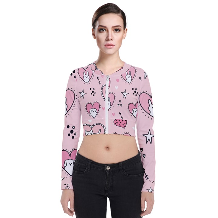 Cartoon Cute Valentines Day Doodle Heart Love Flower Seamless Pattern Vector Long Sleeve Zip Up Bomber Jacket