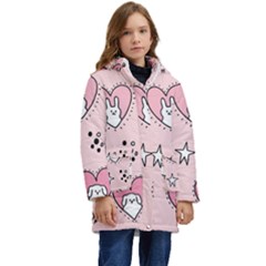 Cartoon Cute Valentines Day Doodle Heart Love Flower Seamless Pattern Vector Kids  Hooded Longline Puffer Jacket by Bangk1t