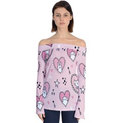 Cartoon Cute Valentines Day Doodle Heart Love Flower Seamless Pattern Vector Off Shoulder Long Sleeve Top by Bangk1t