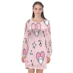 Cartoon Cute Valentines Day Doodle Heart Love Flower Seamless Pattern Vector Long Sleeve Chiffon Shift Dress  by Bangk1t