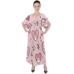 Cartoon Cute Valentines Day Doodle Heart Love Flower Seamless Pattern Vector V-neck Boho Style Maxi Dress by Bangk1t