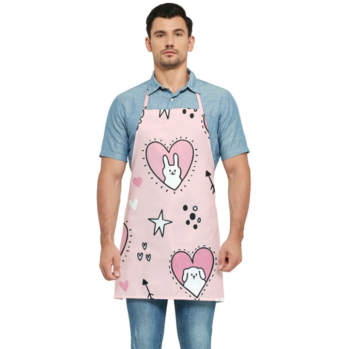 Cartoon Cute Valentines Day Doodle Heart Love Flower Seamless Pattern Vector Kitchen Apron