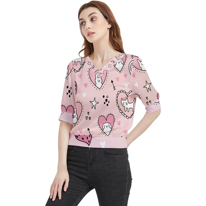 Cartoon Cute Valentines Day Doodle Heart Love Flower Seamless Pattern Vector Quarter Sleeve Blouse