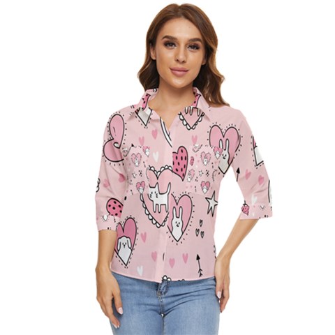 Cartoon Cute Valentines Day Doodle Heart Love Flower Seamless Pattern Vector Women s Quarter Sleeve Pocket Shirt by Bangk1t