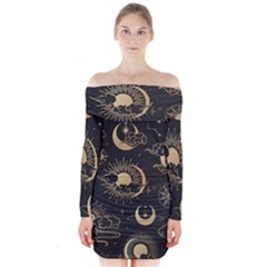 Asian Seamless Pattern With Clouds Moon Sun Stars Vector Collection Oriental Chinese Japanese Korean Long Sleeve Off Shoulder Dress by Bangk1t