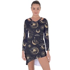 Asian Seamless Pattern With Clouds Moon Sun Stars Vector Collection Oriental Chinese Japanese Korean Asymmetric Cut-out Shift Dress by Bangk1t