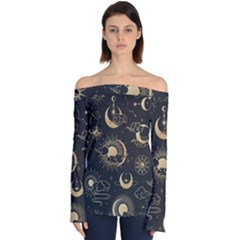 Asian Seamless Pattern With Clouds Moon Sun Stars Vector Collection Oriental Chinese Japanese Korean Off Shoulder Long Sleeve Top by Bangk1t