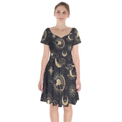 Asian Seamless Pattern With Clouds Moon Sun Stars Vector Collection Oriental Chinese Japanese Korean Short Sleeve Bardot Dress by Bangk1t