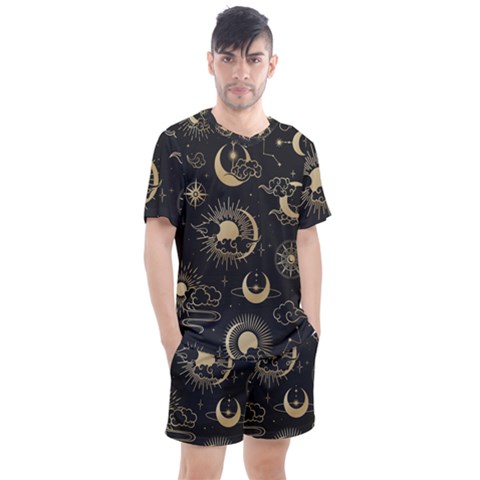 Asian Seamless Pattern With Clouds Moon Sun Stars Vector Collection Oriental Chinese Japanese Korean Men s Mesh Tee And Shorts Set by Bangk1t