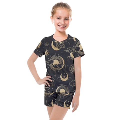 Asian Seamless Pattern With Clouds Moon Sun Stars Vector Collection Oriental Chinese Japanese Korean Kids  Mesh Tee And Shorts Set by Bangk1t