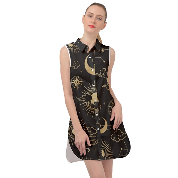 Asian Seamless Pattern With Clouds Moon Sun Stars Vector Collection Oriental Chinese Japanese Korean Sleeveless Shirt Dress