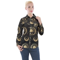 Asian Seamless Pattern With Clouds Moon Sun Stars Vector Collection Oriental Chinese Japanese Korean Women s Long Sleeve Pocket Shirt