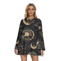 Asian Seamless Pattern With Clouds Moon Sun Stars Vector Collection Oriental Chinese Japanese Korean Round Neck Long Sleeve Bohemian Style Chiffon Mini Dress by Bangk1t