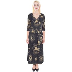 Asian-set With Clouds Moon-sun Stars Vector Collection Oriental Chinese Japanese Korean Style Quarter Sleeve Wrap Maxi Dress by Bangk1t