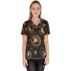 Asian-set With Clouds Moon-sun Stars Vector Collection Oriental Chinese Japanese Korean Style Women s V-neck Scrub Top by Bangk1t