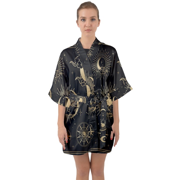 Asian-set With Clouds Moon-sun Stars Vector Collection Oriental Chinese Japanese Korean Style Half Sleeve Satin Kimono 