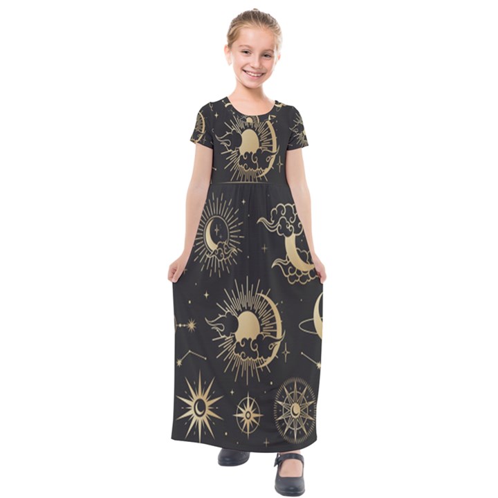 Asian-set With Clouds Moon-sun Stars Vector Collection Oriental Chinese Japanese Korean Style Kids  Short Sleeve Maxi Dress