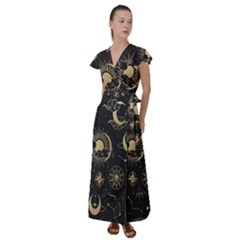 Asian-set With Clouds Moon-sun Stars Vector Collection Oriental Chinese Japanese Korean Style Flutter Sleeve Maxi Dress by Bangk1t