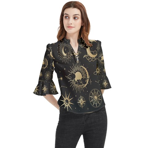 Asian-set With Clouds Moon-sun Stars Vector Collection Oriental Chinese Japanese Korean Style Loose Horn Sleeve Chiffon Blouse by Bangk1t