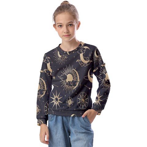 Asian-set With Clouds Moon-sun Stars Vector Collection Oriental Chinese Japanese Korean Style Kids  Long Sleeve Tee With Frill  by Bangk1t