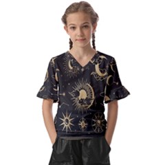 Asian-set With Clouds Moon-sun Stars Vector Collection Oriental Chinese Japanese Korean Style Kids  V-neck Horn Sleeve Blouse by Bangk1t