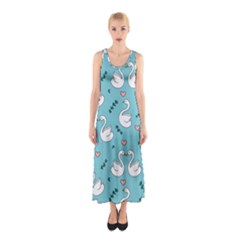 Elegant Swan Pattern Design Sleeveless Maxi Dress