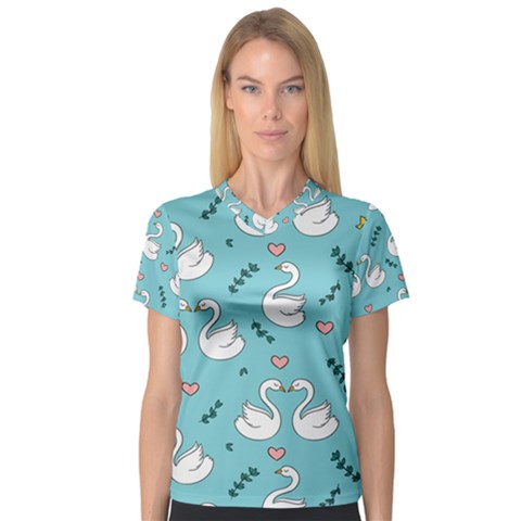 Elegant Swan Pattern Design V-neck Sport Mesh Tee by Bangk1t