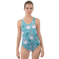 Elegant Swan Pattern Design Cut-Out Back One Piece Swimsuit