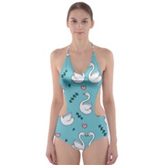 Elegant Swan Pattern Design Cut-Out One Piece Swimsuit