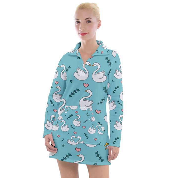 Elegant Swan Pattern Design Women s Long Sleeve Casual Dress