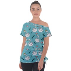 Elegant Swan Pattern Design Off Shoulder Tie-Up Tee