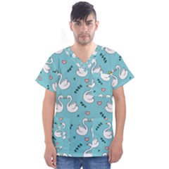 Elegant Swan Pattern Design Men s V-Neck Scrub Top