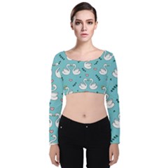 Elegant Swan Pattern Design Velvet Long Sleeve Crop Top