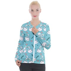 Elegant Swan Pattern Design Casual Zip Up Jacket