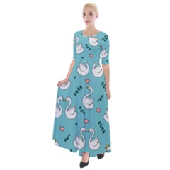 Elegant Swan Pattern Design Half Sleeves Maxi Dress