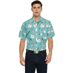 Elegant Swan Pattern Design Men s Short Sleeve Pocket Shirt 