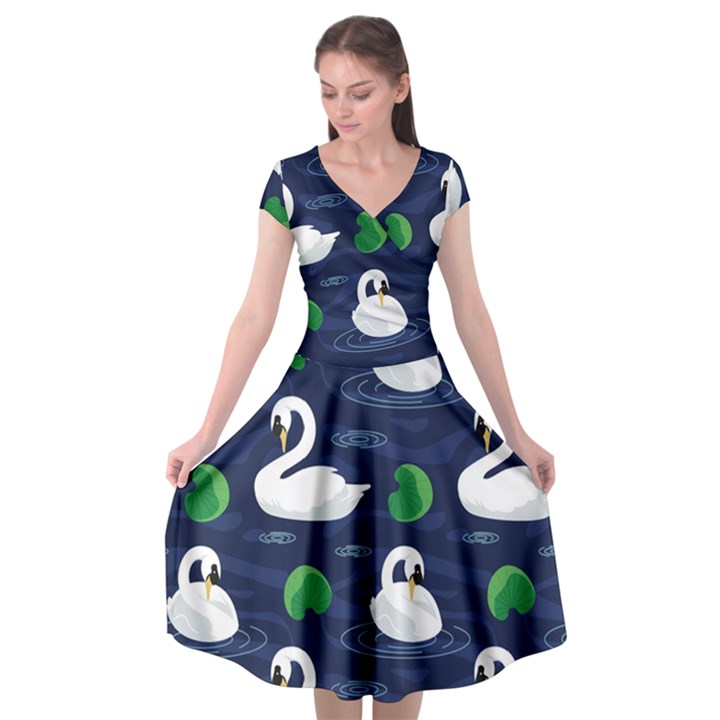 Swan Pattern Elegant Design Cap Sleeve Wrap Front Dress