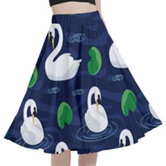 Swan Pattern Elegant Design A-line Full Circle Midi Skirt With Pocket