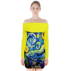 Digital Painting Of Hut Long Sleeve Off Shoulder Dress